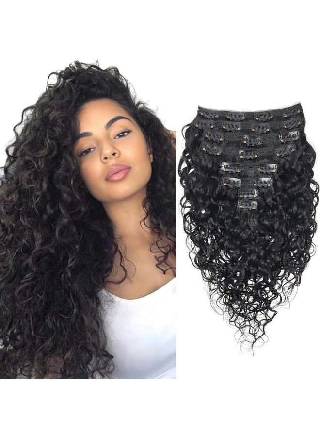 Doren Deep Curly Clip-In Real Hair Extensions for Women, 8 Pieces, 20 Clips, 120 g, Curly Remy Brazilian Water Wave Hair, Natural Black Colour, 45.7 cm (18 inches) - Image 1